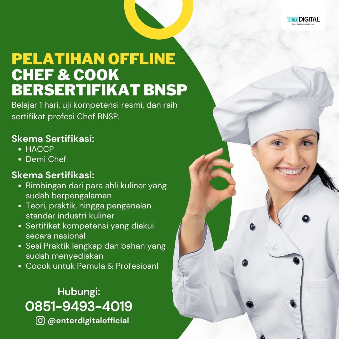 BERSERTIFIKAT! TELP. 0851-9493-4019, Sertifikasi Chef BNSP Palembang