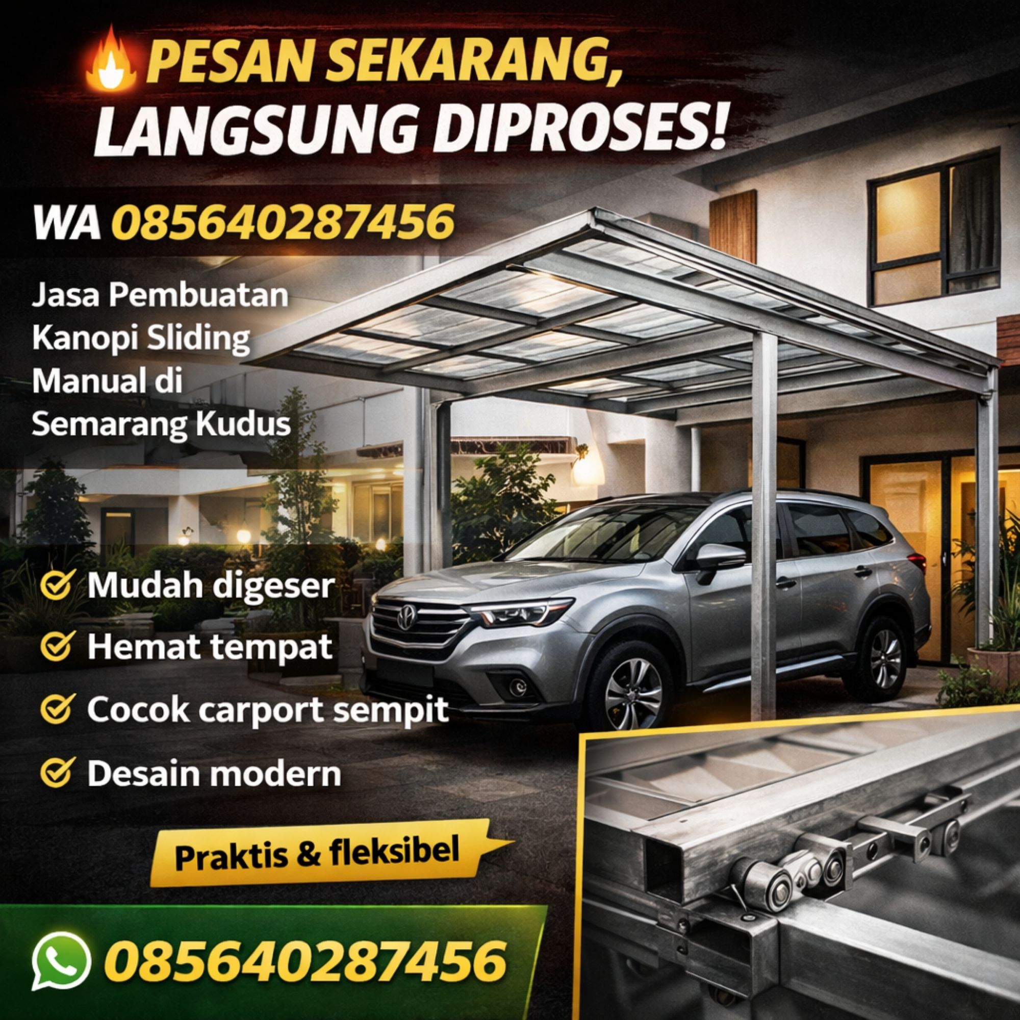 PESAN SEKARANG, LANGSUNG DIPROSES! WA 085640287456 – Jasa Pembuatan Kanopi Sliding Manual di Semarang Kudus
