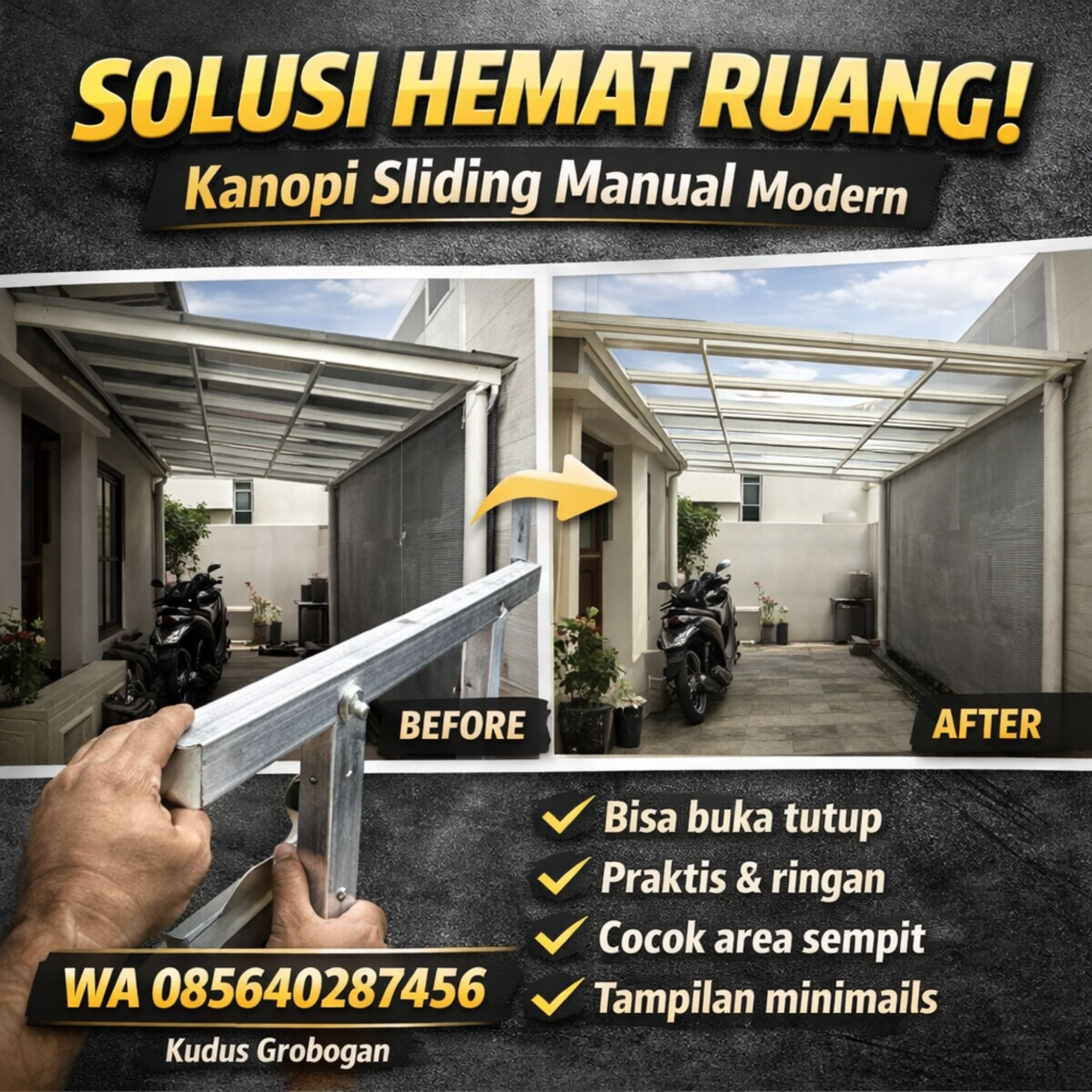 SOLUSI HEMAT RUANG! WA 085640287456 – Jasa Pembuatan Kanopi Sliding Manual di Kudus Grobogan