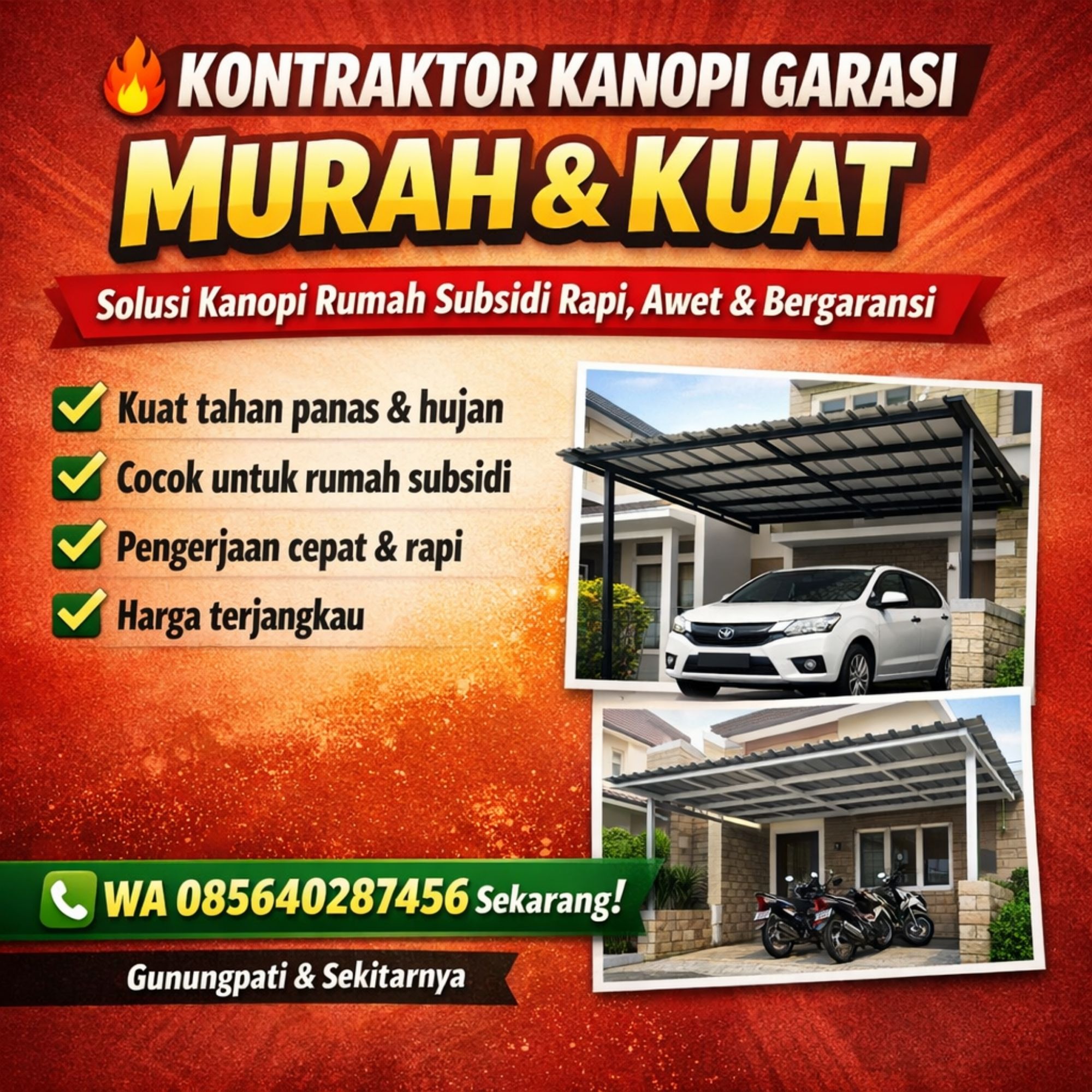 TERPERCAYA & SUPER MURAH! WA 085640287456 Kontraktor Pasang Kanopi Garasi Rumah Subsidi Kuat & Awet di Gunungpati
