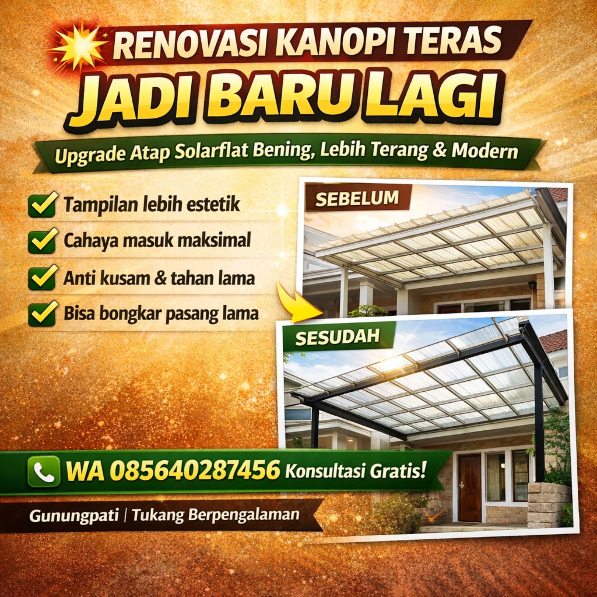 SOLUSI CEPAT & ELEGAN! WA 085640287456 Layanan Renovasi Kanopi Teras Lama Atap Solarflat Bening di Gunungpati