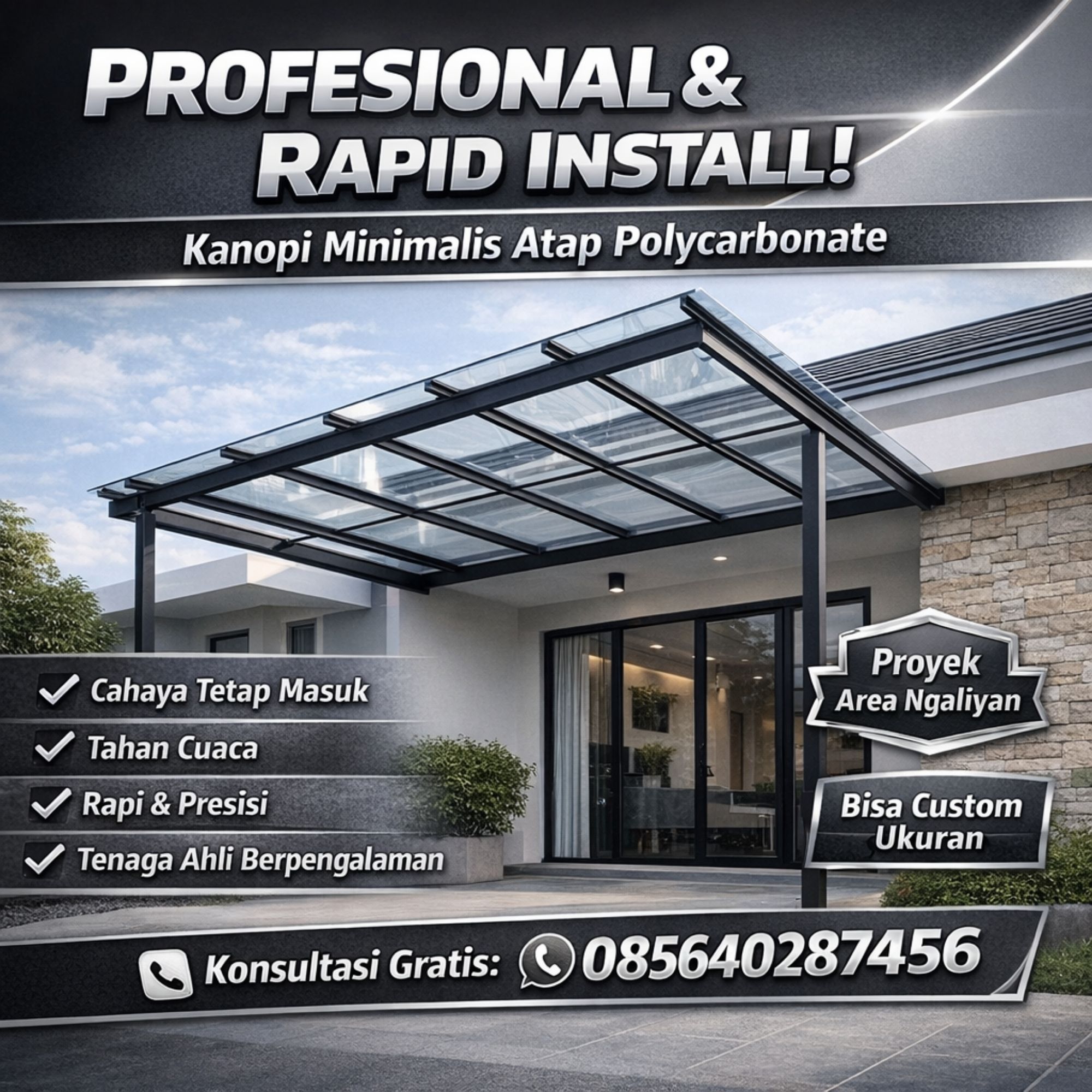 PROFESIONAL & RAPID INSTALL! WA 085640287456 Jasa Pasang Kanopi Minimalis Atap Polycarbonate Ngaliyan Semarang