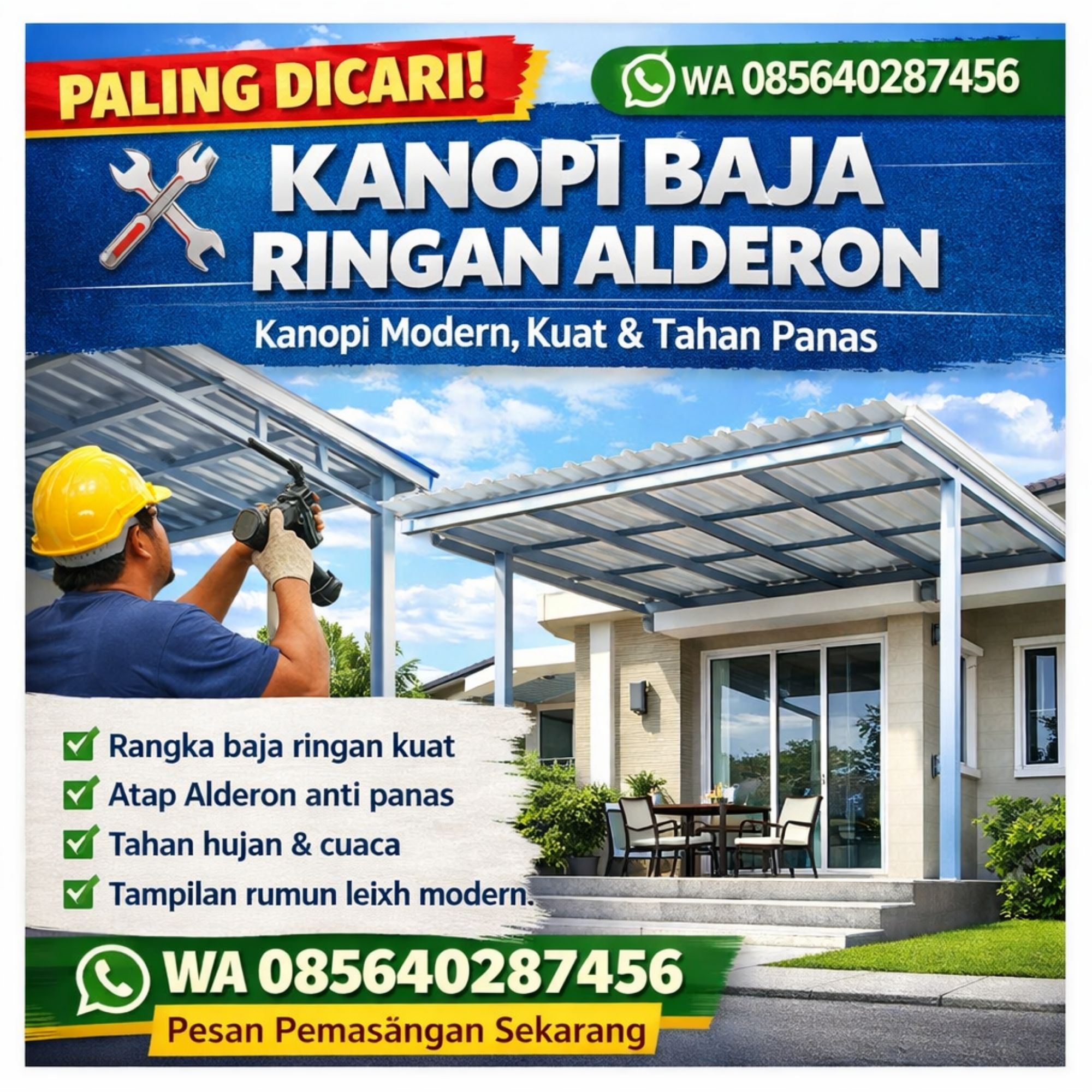 PALING DICARI! WA 085640287456 Pasang Kanopi Baja Ringan Atap Alderon di Mranggen