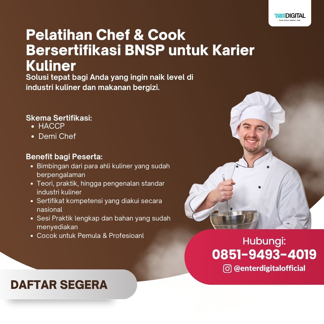 TERBAIK! WA: 0851-9493-4019, Sertifikasi BNSP Demi Chef Palu